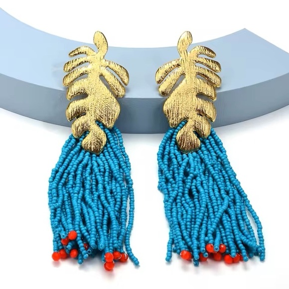 ZARA BLUE TROPICAL LEAF EARRINGS - Picture 1 of 4